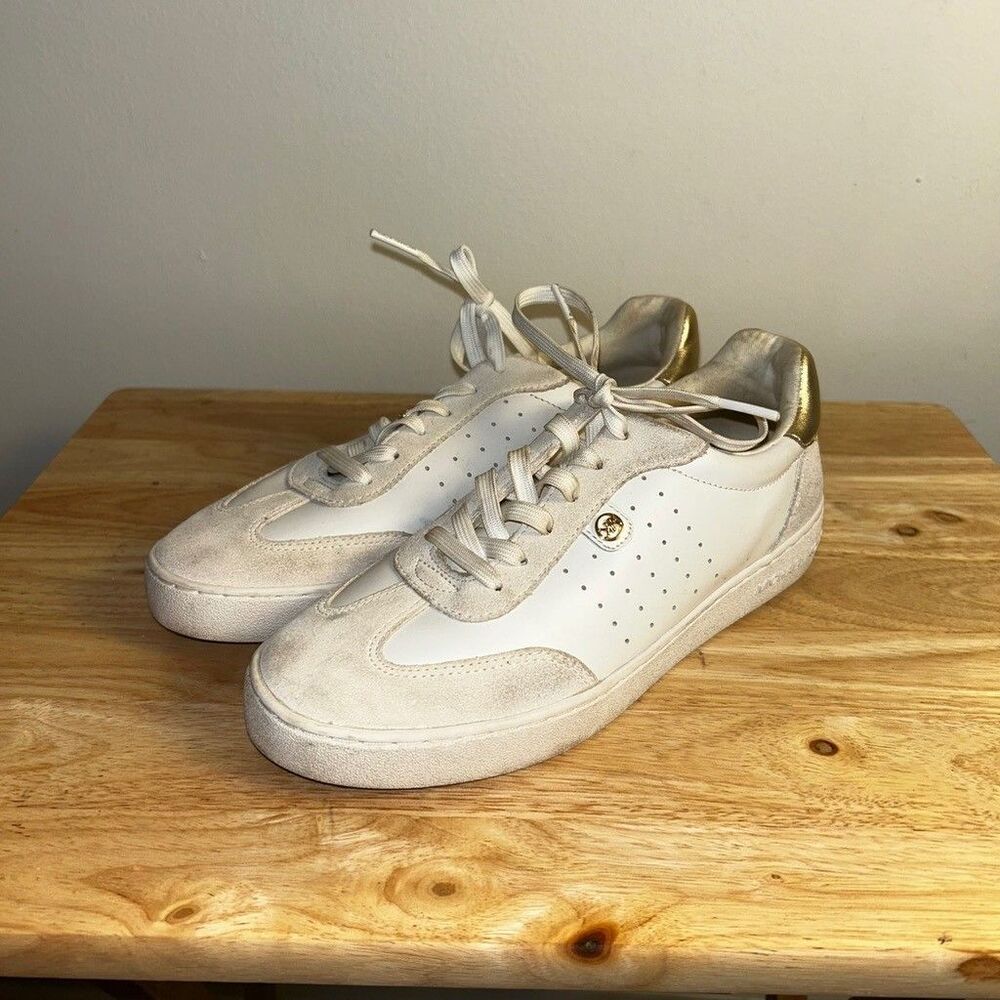 Michael Kors Womens White Leather Gold Accent Sneakers Shoes Size 7M FT24K